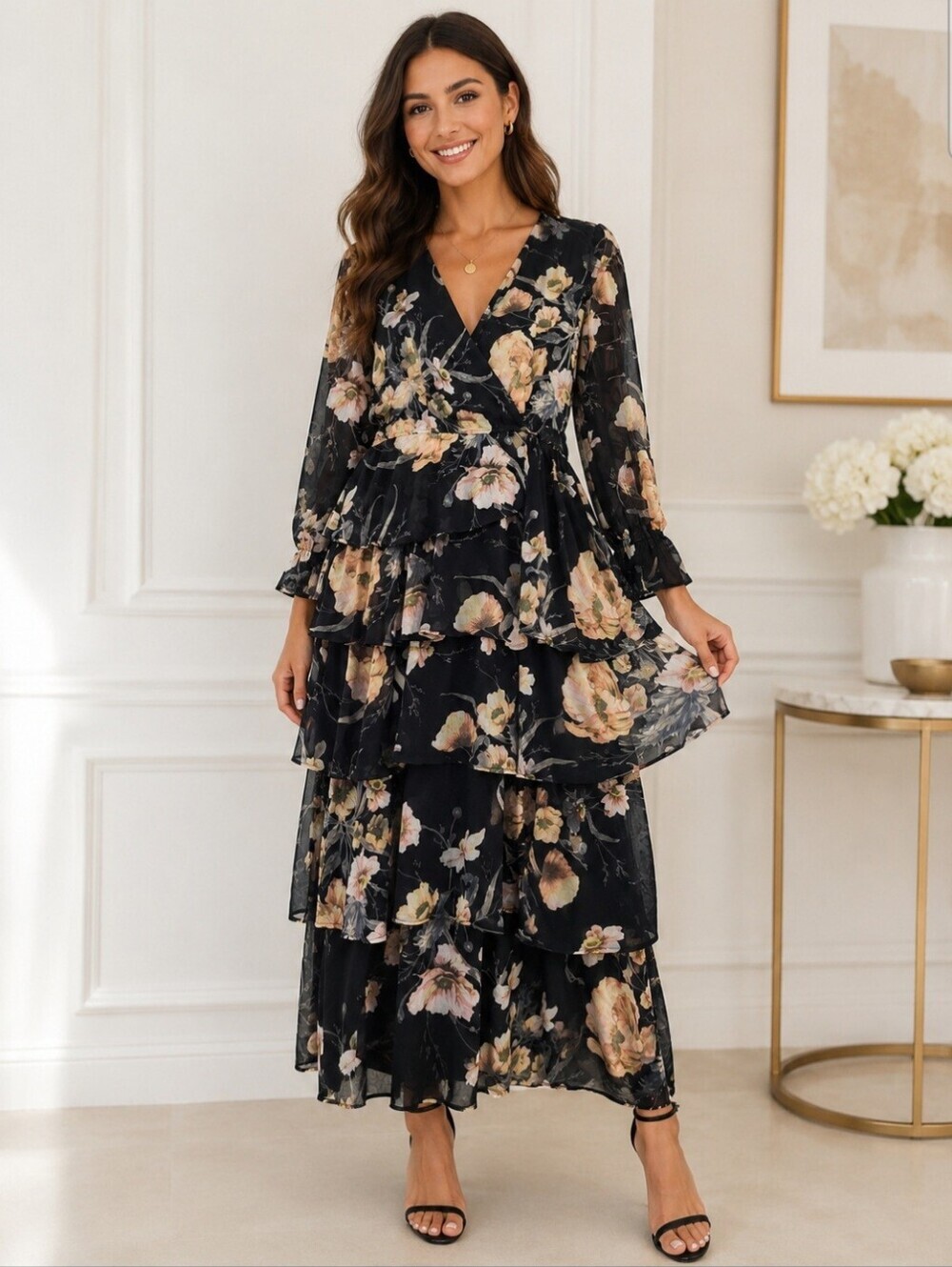 Toleen babydoll floral soft romantic maxi dress tiered sheer sleeves 2XL